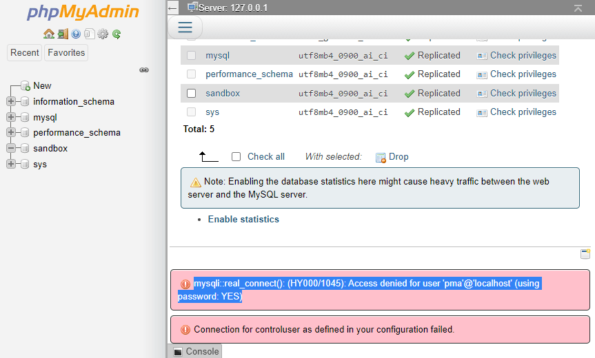 如何删除 PHPMyAdmin 错误：mysqli::real_connect(): (HY000/1045): Access denied for user 'pma'@'localhost' (using password: YES)