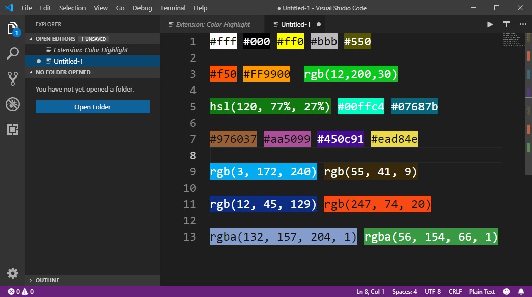 How to highlight colors (rgb, hex, hsl, rgba) in Visual Studio Code