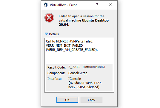 如何修复VirtualBox错误：Call to NEMR0InitVMPart2 failed VERR_NEM_INIT_FAILED (VERR_NEM_VM_CREATE_FAILED)