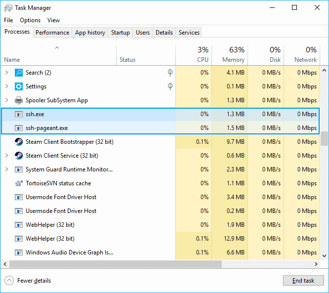 Task Manager Windows Kill process SSH.exe