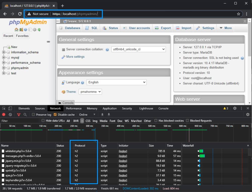 PHPMyAdmin HTTP / 2 XAMPP Localhost